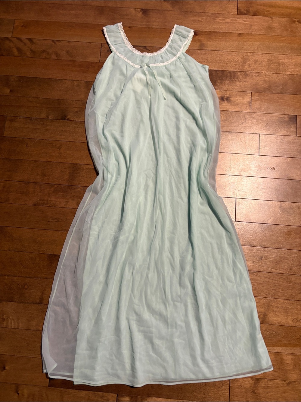 Vintage Mint Green Sleeveless Nightgown with White Trim